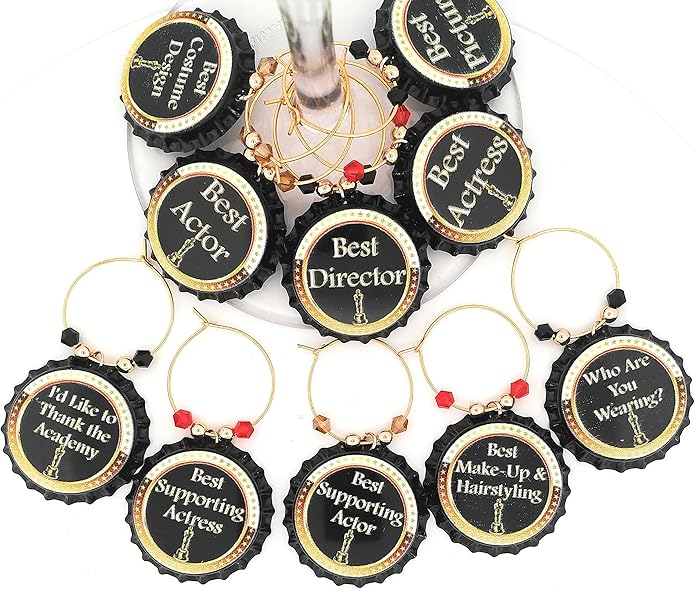 Pixie Oscar Awards Wine Charms, Oscar Party Supplies, Charms For Watch Party, Glass Tag Identifiers, Gifts, Bottle Caps - 10 Pack