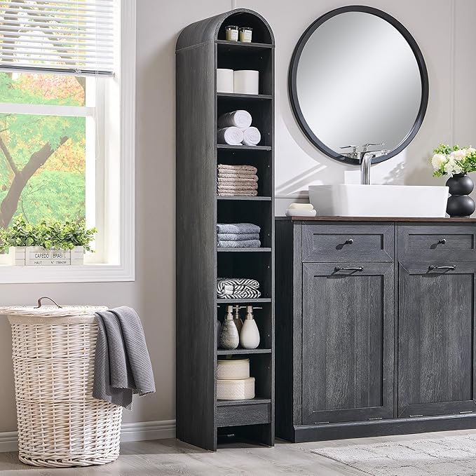 67" Tall Arched Bookshelf, 8 Tiers Arch Bookcase with Storage, Modern Farmhouse Book Shelf with Adjustable Shelves, Wood Bookshelf w/Open Display Shelves for Living Room, Office (Dark Grey)