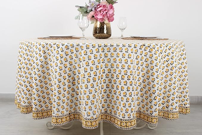 Ridhi Block Print Round Vintage Yellow Reusable Tablecloth 100% Cotton 60" Inch Decorative Table Cover eveyday Dining, Home, Party, Wedding, Farmhouse Gift for Spring, Easter, Valentine