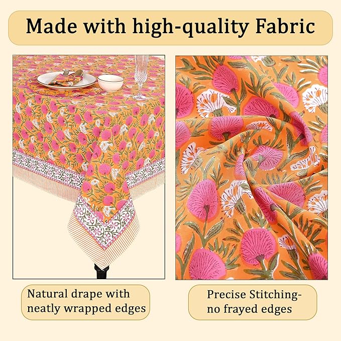 Ridhi Hand Block Print Bubblegum Pink Rectangle Cotton Tablecloth 108" x 60" Reusable Table Cover Decorative Everyday Use for Dining, Farmhouse, Home Gift for Spring, Easter, Valentine