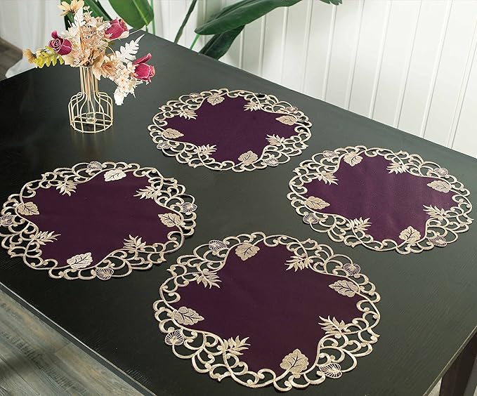 Decozen Set of 8 Doilies for Table, Lace Doilies - Rustic, Crochet, Farmhouse, Kitchen, Dining Table Centerpiece Decor - Round Christmas Placemats for Home - 15 inch Gold Plum, Tarantino Collection