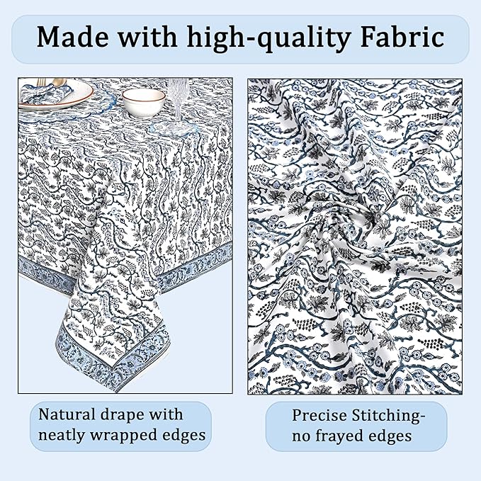 Ridhi Hand Block Print Baby Blue Eyes Rectangle Cotton Tablecloth 160" x 72" Reusable Table Cover Decorative Everyday Use for Dining, Farmhouse, Home Gift for Spring, Easter, Valentine