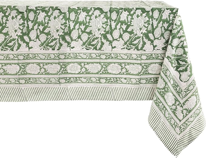 ATOSII Meraki Green 100% Cotton Rectangle Tablecloth, Hand Block Print Washable Table Cover, Dining, Christmas Parties, Outdoors, Weddings, Thanksgiving, Halloween, Fall Decor 60 X 90 Inches, 6 Seater