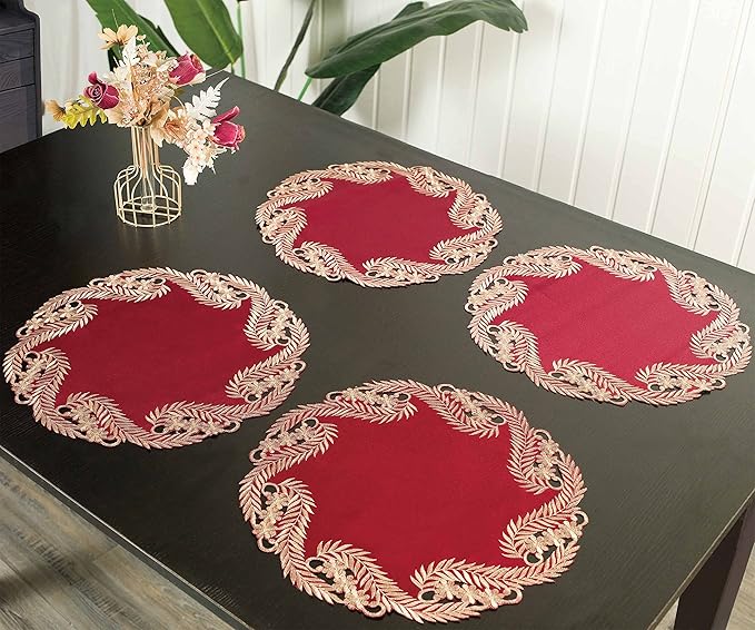 Decozen Set of 4 Doilies for Table, Lace Doilies Rustic Farmhouse Kitchen Dining Table Centerpiece Decor, 15 Inch Gold Burgundy Round Placemats for Home, Valentines Day Gifts, Valentines placemats