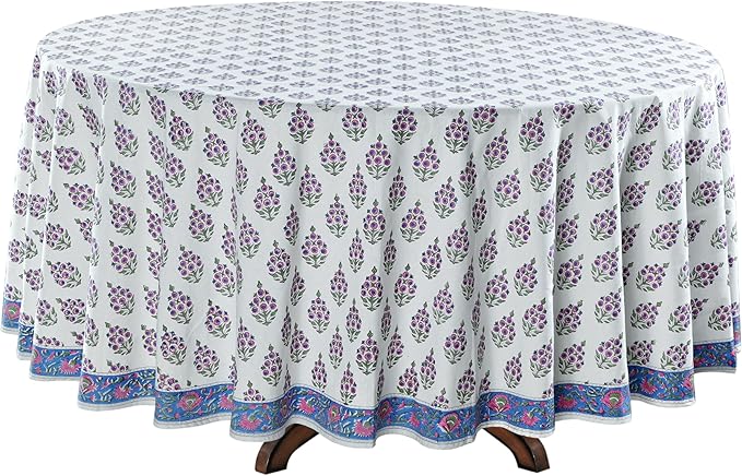 Ridhi Block Print Round Ruddy Blue Reusable Tablecloth 100% Cotton 120" Inch Decorative Table Cover eveyday Dining, Home, Party, Wedding, Farmhouse Gift for Spring, Easter, Valentine