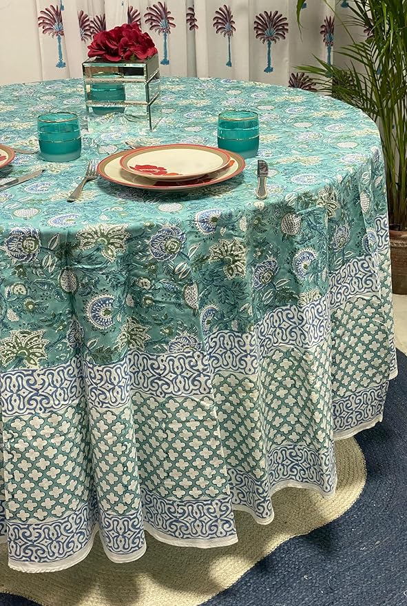 Ridhi Block Print Round Turquoise & Steel Blue Reusable Tablecloth 100% Cotton 110" Inch Decorative Table Cover eveyday Dining, Home, Party, Wedding, Farmhouse Gift for Spring, Easter, Valentine