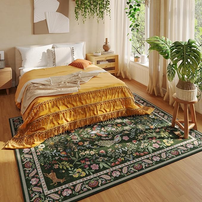 Living Room Rug 6x9 Rug Machine Washable Area Rug Floral Non-Slip Low Pile Large Rug for Living Room, Bedroom, Farmhouse, Dining Room, Kids Playroom (Emerald Green)