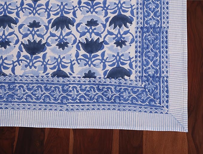 ATOSII Positano Blue 100% Cotton Rectangle Fall Tablecloth, Handblock Floral Linen Table Cloth for Dining Table I Parties Christmas Thanksgiving Grand Millennial Home Decor 72 X 140 Inches I 12 Seater