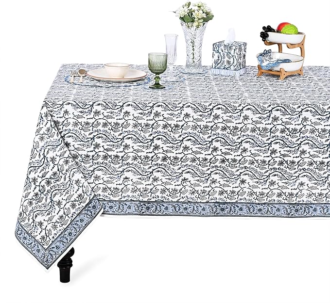 Ridhi Hand Block Print Baby Blue Eyes Rectangle Cotton Tablecloth 140" x 72" Reusable Table Cover Decorative Everyday Use for Dining, Farmhouse, Home Gift for Spring, Easter, Valentine