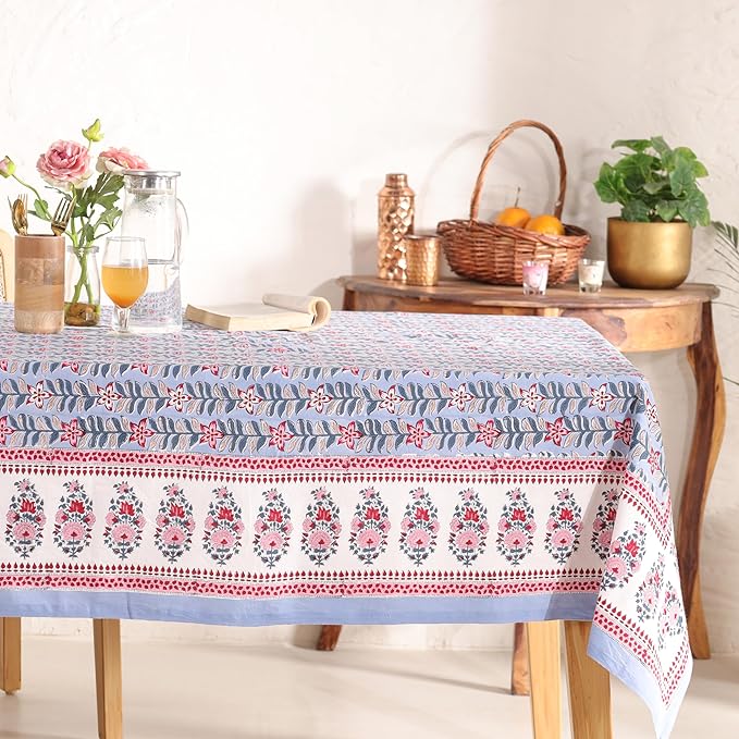 Hand Block Printed Table Cover - Exquisite Design, Premium Cotton Fabric, Perfect for Dining and Decor, Dining Table Linen (Gray Petal Glow, 8 Seater 72 x 108 Inches Rectangle)