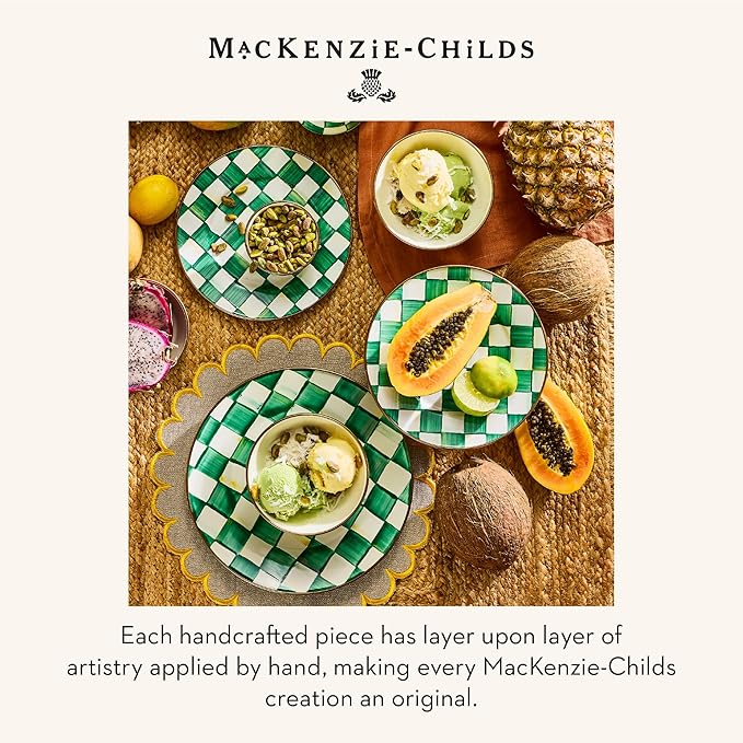 MACKENZIE-CHILDS Enamel Salad and Dessert Plate, Small Plate for a Dessert or Appetizer Dish, 8 Inches, Green-and-White Emerald Check