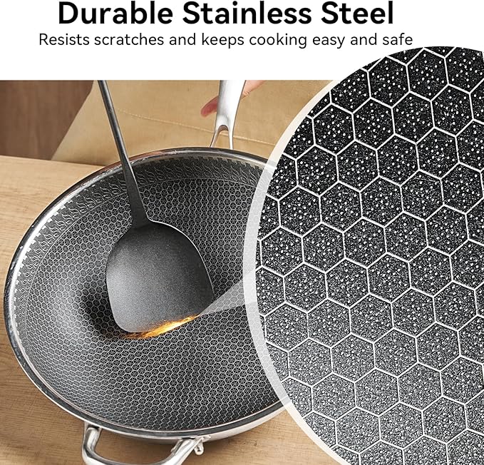 WANGYUANJI Coating-Free Hybrid Stainless Steel Wok with Lid, 12.6" Flat-Bottom Stir-Fry Pan, Honeycomb Surface, Induction Compatible, Dishwasher & Oven Safe
