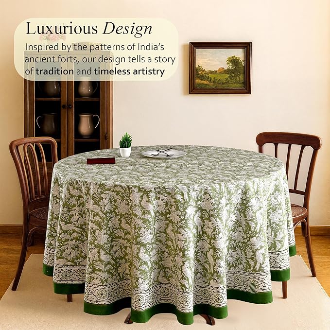 CPC Round Tablecloth- Cotton Indian Block Print Tablecloth -Handmade Printed Washable Cotton Table Cloth - Spring/Summer, Wedding Table Cover - Olive Green 132 Inch