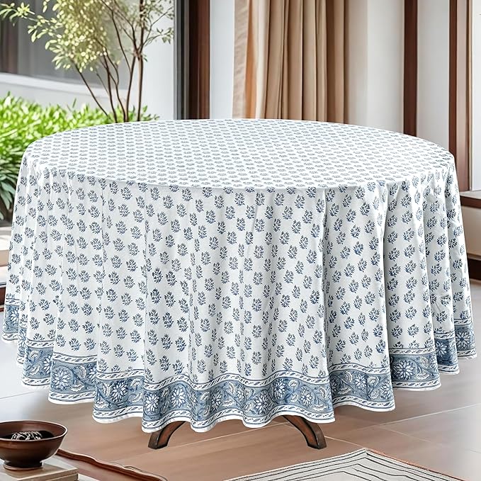 Ridhi Block Print Round Sky Beau Blue Reusable Tablecloth 100% Cotton 120" Inch Decorative Table Cover eveyday Dining, Home, Party, Wedding, Farmhouse Gift for Spring, Easter, Valentine