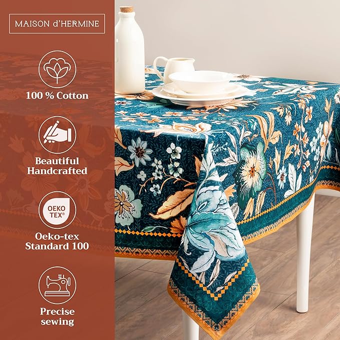 Maison d' Hermine Table Cloth Rectangle Table 100% Cotton 70 x 140 Inches Fall Tablecloth Reusable Everyday Use for Thanksgiving Christmas Decorations Dining Farmhouse Party (Luxury Loft - Dark Teal)