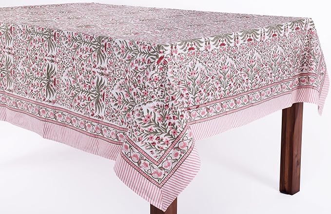 ATOSII Nargis Pink 100% Cotton Rectangle Boho Spring Tablecloth, Handblock Floral Table Cloth Linen for Kitchen Dining I Parties Wedding Outdoors Easter Holidays Home Decor 60 X 108 Inches I 8 Seater
