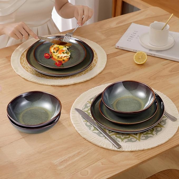 Herogo 12PCS Stoneware Dinnerware Sets, Plates and Bowls Dish Set for 4, Irregular Handmade Dinner Ware Dishware for Kitchen Dinning, Microwave & Dishwasher Safe, Lichen Green
