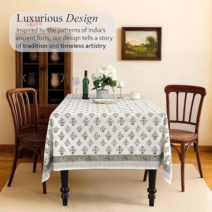 CPC Tablecloth 100% Cotton 72x140 Inch Indian Block Print Rectangle Table Cover, Green Table Cloth for Weddings, Spring/Summer, Barbeque - Forest Green