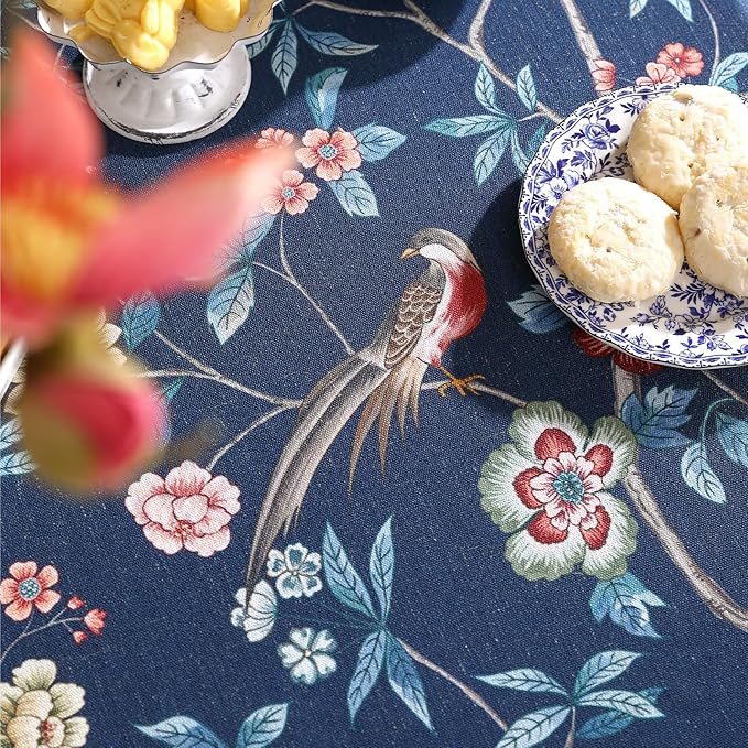 patdrea Designer Dark Blue Linen Rectangle Tablecloth,Vintage Navy French Floral and Birds Pattern Table Cloth,Decoration Table Cover for Kitchen,Dining,Tea Party,Home,Christmas,55"*87"