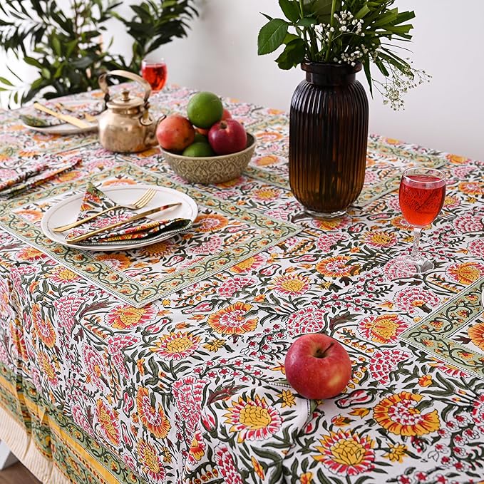 Hand Block Printed Cotton Tablecloth Elegant Floral Design Perfect for Dining Table Kitchen Parties Home Decor, Wall Tapestry (Yellow Sunflower, 6 Seater 60 x 90 Inches Rectangle)