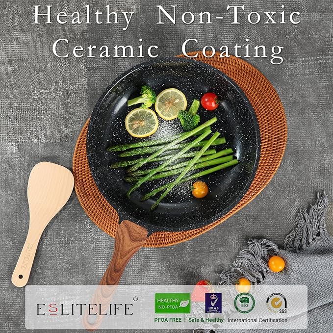ESLITE LIFE Nonstick Ceramic Frying Pan Skillet with Lid, Non-Toxic Egg Omelette Kitchen Cooking Pans Compatible with All Stovetops (Gas, Electric & Induction), PTFE & PFOA Free (Black, 9.5" w/Lid)