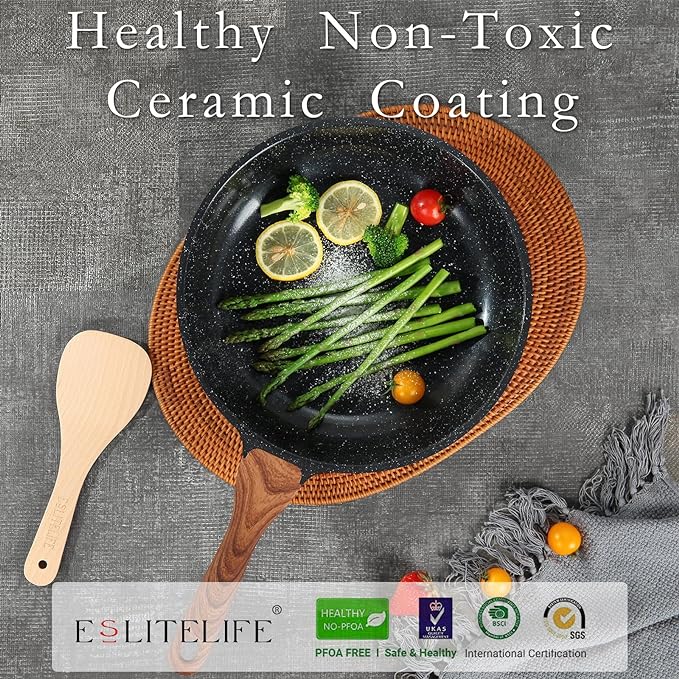 ESLITE LIFE Nonstick Ceramic Frying Pan Skillet with Lid, Non-Toxic Egg Omelette Kitchen Cooking Pans Compatible with All Stovetops (Gas, Electric & Induction), PTFE & PFOA Free (Black, 11" w/Lid)