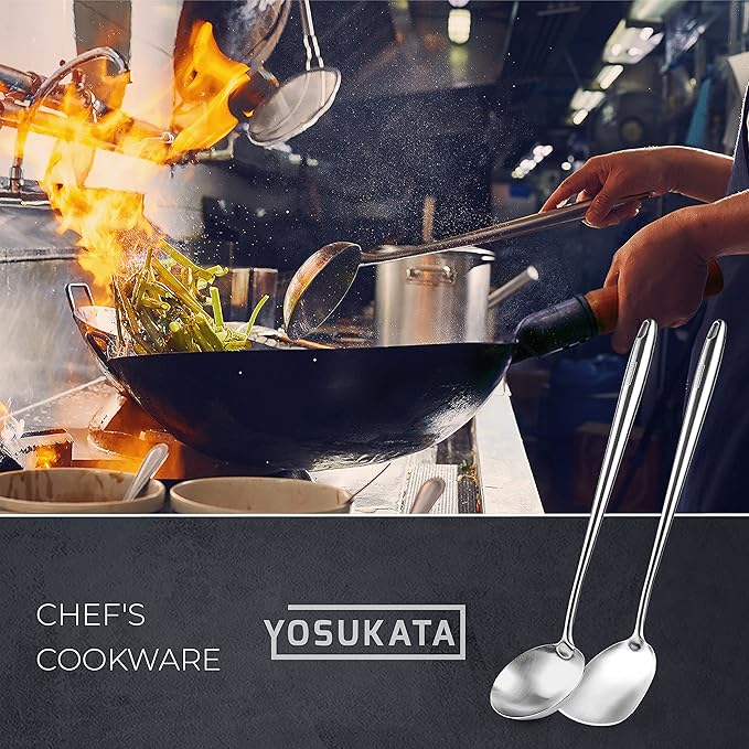YOSUKATA Blue Round Bottom Wok Pan – 14" + Premium Wok Cover 14 inch Pan Lid +Set of 2 Heat-Resistant Tools