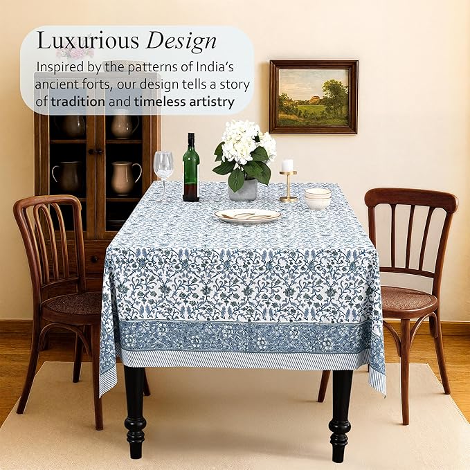 CPC Ocean Vine Tablecloth 100% Cotton 80x120 Inch Indian Block Print Rectangle Table Cover, Table Cloth for Gifting in Weddings, Halloween, Fall, Christmas, Thanksgiving
