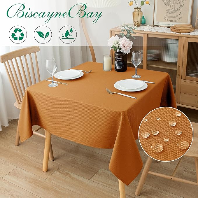 Biscaynebay Fall Tablecloth Textured Fabric Square Tablecloths 60x60 Inch, Bronze Thanksgiving Autumn Harvest Water Resistant Fabric Tablecloths for Kitchen, Dining, Wedding, Parties Machine Washable