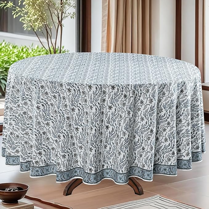Ridhi Block Print Round Baby Blue Eyes Reusable Tablecloth 100% Cotton 110" Inch Decorative Table Cover eveyday Dining, Home, Party, Wedding, Farmhouse Gift for Spring, Easter, Valentine