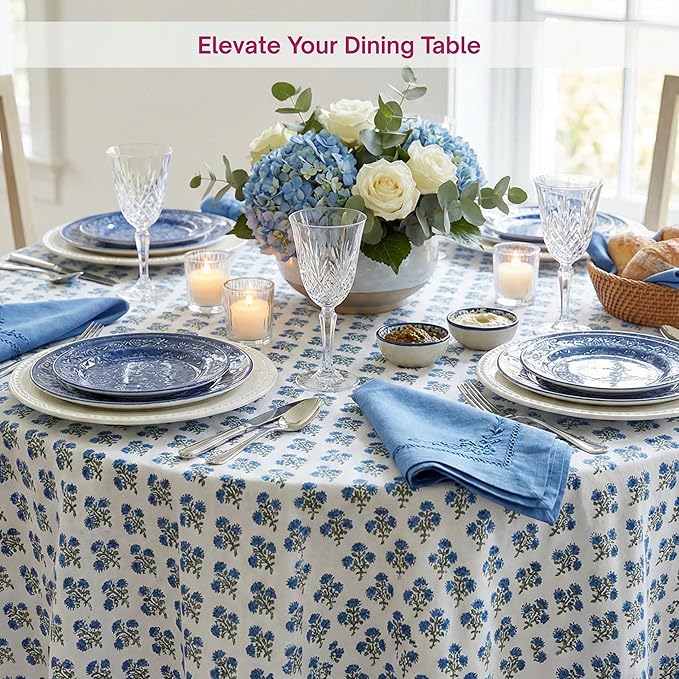 ATOSII Gulbahar Blue 100% Cotton Fall Round Tablecloth, Handblock Print Floral Table Cloth for Kitchen Dining Linen I Thanksgiving, Christmas, Weddings, Outdoors, Parties I 60" Inches I 4 Seater Table