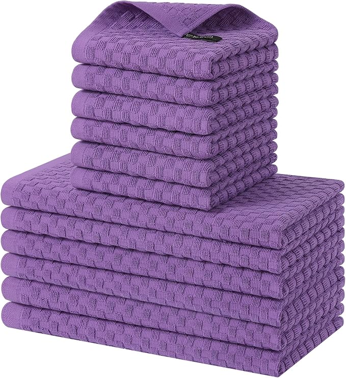 Homaxy 100% Cotton Kitchen Towels and Dishcloths Set, 12 x 12 & 15 x 25 Inches, Set of 12 Bulk Terry Cloth Dish Towels, Super Soft and Absorbent Hand Towel with Hanging Loop, Purple