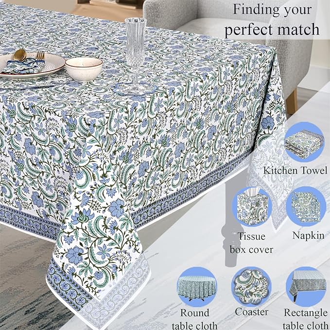 Ridhi Hand Block Print Columbia Blue Rectangle Cotton Tablecloth 108" x 70" Reusable Table Cover Decorative Everyday Use for Dining, Farmhouse, Home Gift for Spring, Easter, Valentine