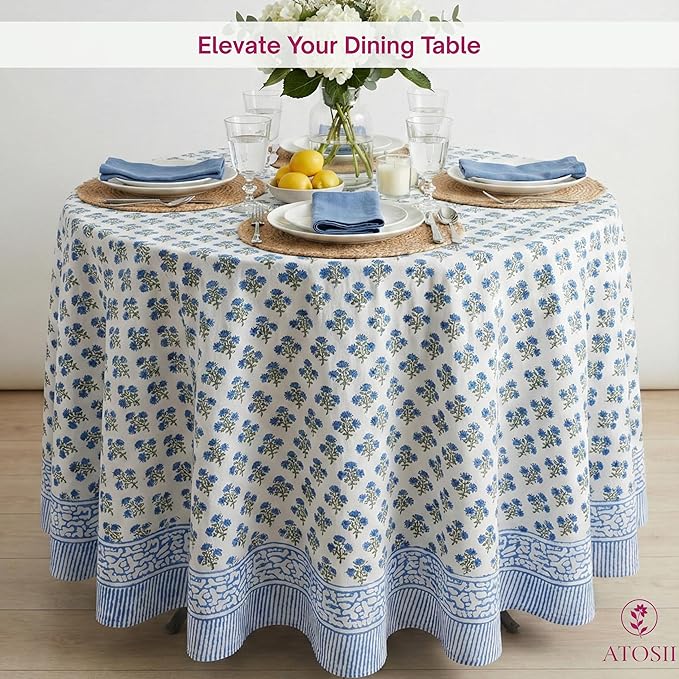 ATOSII Gulbahar Blue 100% Cotton Fall Round Tablecloth, Handblock Print Floral Table Cloth for Kitchen Dining Linen I Thanksgiving, Christmas, Weddings, Outdoors, Parties I 90" Inches Diameter