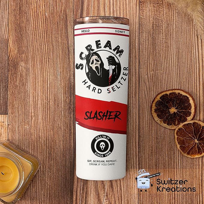 Scream Ghostface Tumbler, Hard Seltzer Themed, Scary Movie Horror Slasher Fan Gift, Insulated Travel Mug, Funny Novelty Gifts, Christmas Halloween Any Occasion, Coffee Drinker - 20 Oz