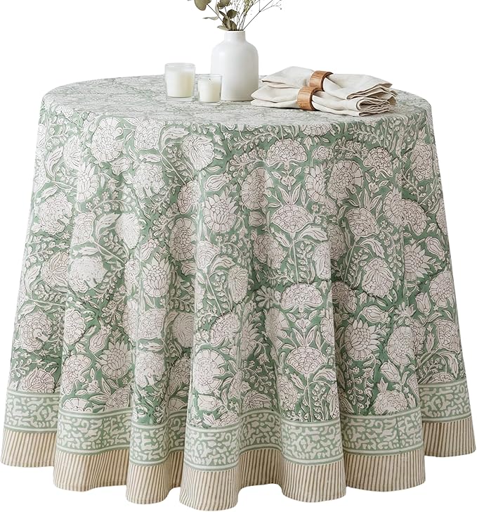 ATOSII Jade 100% Cotton Boho Round Tablecloth, Block Print Floral Table Cloth Linen for Dining, Parties, Weddings, Outdoors I Table Decor I 60" Inches Round