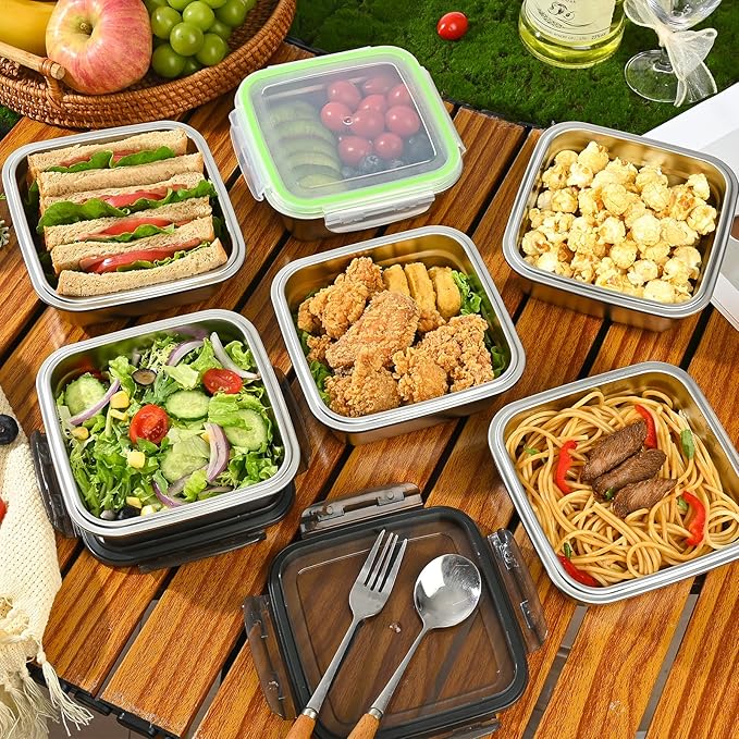 3 Pack Sandwich Containers, 24oz Stainless Steel Sandwich Box with Airtight Lids, BPA-Free, Dishwasher Safe, Durable & Reusable Metal Meal Prep Lunch Boxes for Fruits, Snacks, Bento (Green)
