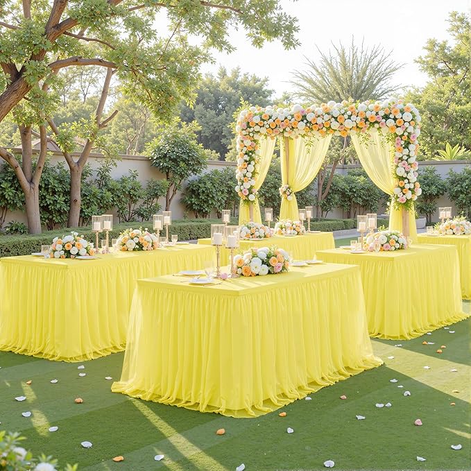 4 Pack Yellow Tulle Tablecloth for 6 Foot Rectangular Tables 6ft Yellow Rectangle Table Cloths Wrinkle Free Table Cover with Tutu Skirt for Birthday Cocktail Banquet Buffet Lemon Fruit Party Decor