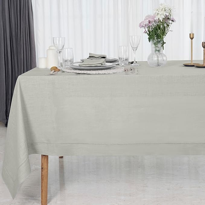 D'Moksha Homes Silver Grey Linen Tablecloth for Rectangle Tables 60 x 132 Inch - 100% Pure Linen Grey Table Cloth - Classic Hemstitch, Machine Washable Dining Tablecloth for Spring, Easter