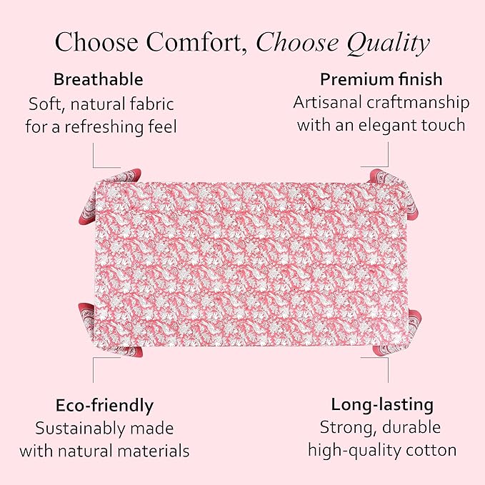 CPC Tablecloth 100% Cotton 70x118 Inch Indian Block Print Rectangle Table Cover, Table Cloth for Weddings, Spring/Summer, Barbeque - Pink Coral