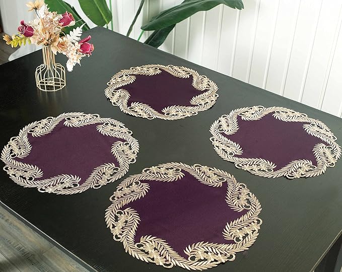 Decozen Set of 4 Doilies for Table, Lace Doilies - Rustic, Crochet, Farmhouse, Kitchen, Dining Table Centerpiece Decor - Round Christmas Placemats for Home 15 inch Gold Plum, The Anyce Collection
