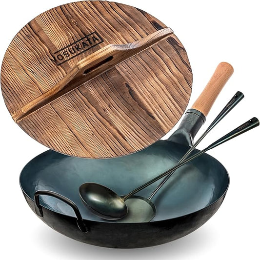 YOSUKATA Blue Round Bottom Wok Pan – 14" +Pre-Seasoned Wok Utensils Set - Blue Carbon Steel 17-inch Spatula Ladle, 3 pairs of Chopsticks