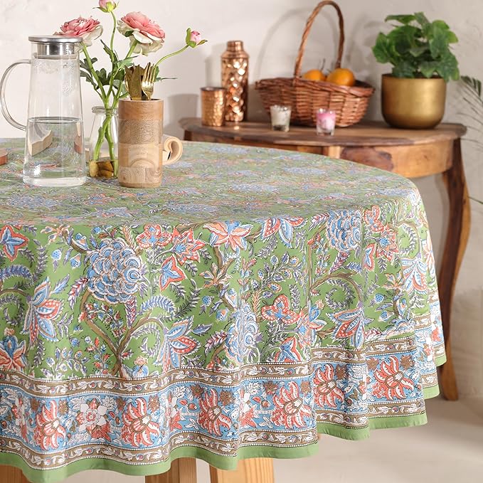 Hand Block Printed Table Cover - Exquisite Design, Premium Cotton Fabric, Perfect for Dining and Decor, Dining Table Linen (Forest Ash Elegance, 10 Seater 108 Inches Round)