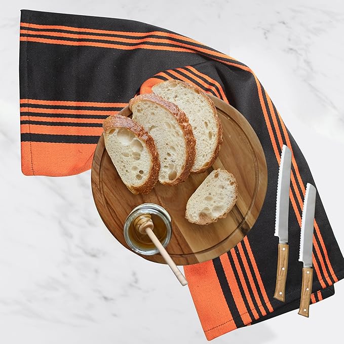 Urban Villa Halloween Kitchen Towels 100% Cotton Set of 6 Dish Towels - 20x30 Inches Highly Absorbent Quick Drying Dish Towels for Kitchen with Hanging Loop Hand & Tea Towels (Orange & Black Striped)