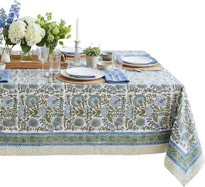 ATOSII Clover Blue 100% Cotton Rectangle Fall Tablecloth, Handblock Floral Linen Table Cloth for Kitchen Dining Table I Parties Christmas Thanksgiving I Fall Home Decor 60 X 108 Inches I 8 Seater