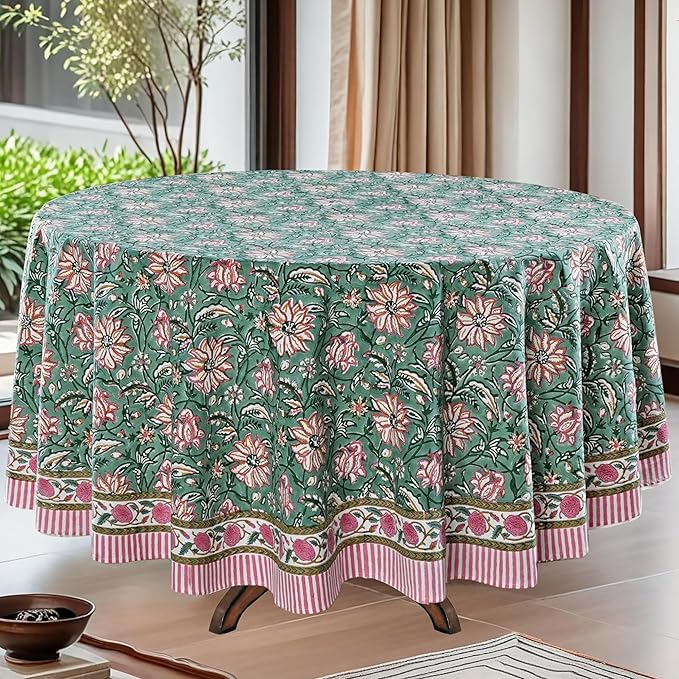 Ridhi Block Print Round Virdian Green Reusable Tablecloth 100% Cotton 132" Inch Decorative Table Cover eveyday Dining, Home, Party, Wedding, Farmhouse Gift for Spring, Easter, Valentine