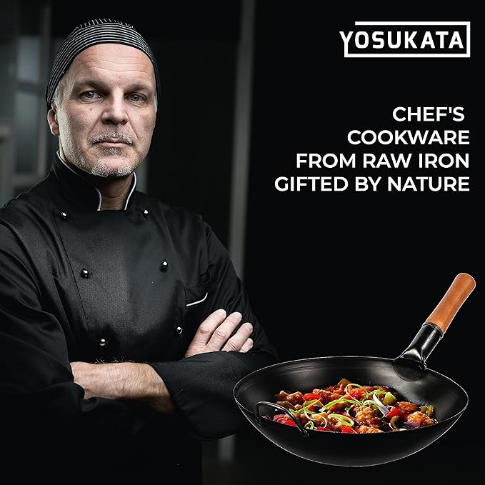 YOSUKATA 14" Carbon Steel Wok with Round Bottom – Pre-Seasoned Pow Wok for Stir Fry – Traditional Chinese Japanese Black Steel Pan – Outdoor Cookware for Gas Stovetops, Open Fire, BBQ, Camping