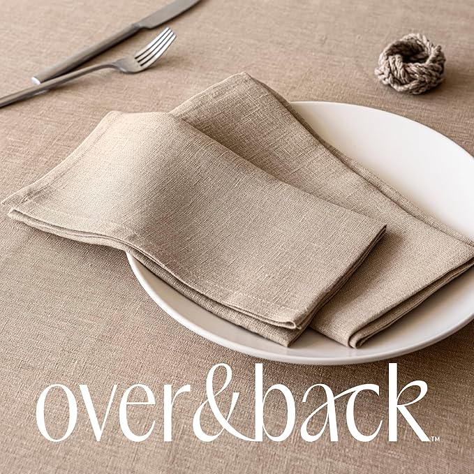 Over&Back 100%-Linen Woven Tablecloth - Colorful Dining Room Table Cover - Mitered Corner Hems - Machine Washable - Kitchen and Home Decor - Taupe - 70x90