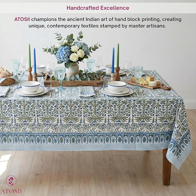 ATOSII Nargis Blue 100% Cotton Rectangle Summer Tablecloth, Indian Block Print Floral Table Cloth I Dining Parties Weddings Outdoors Holidays 60 X 108 Inches 8 Seater I Grandmillennial Farmhouse Boho