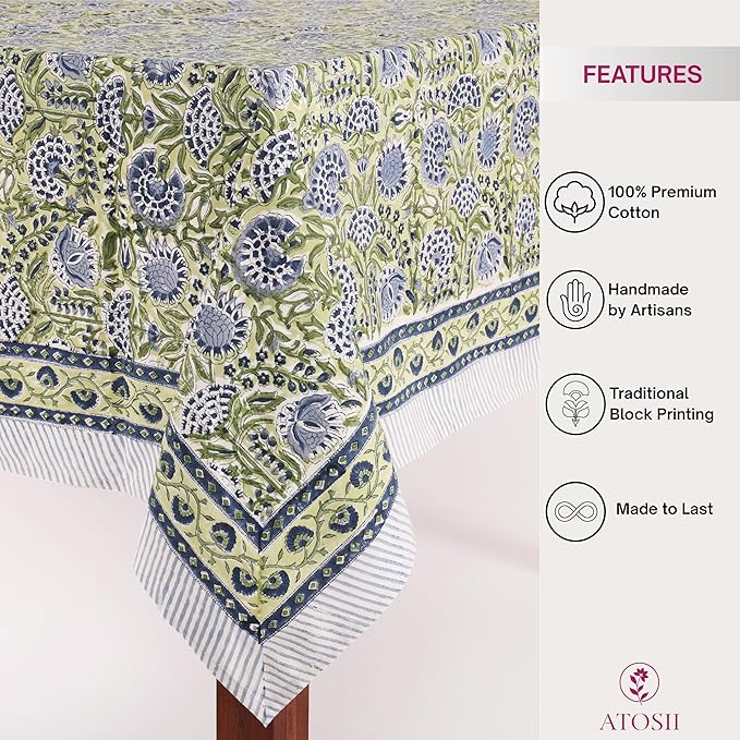 ATOSII Amara Green 100% Cotton Rectangle Fall Tablecloth, Handblock Floral Print Linen Table Cloth for Kitchen Dining I Parties, Weddings, Outdoors, Easter I Home Decor 60 X 90 Inches I 6 Seater